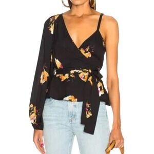 ALC Mickalene 100% Silk Wrap Top Black Floral Print One Sleeve‎ Size 12 Peplum